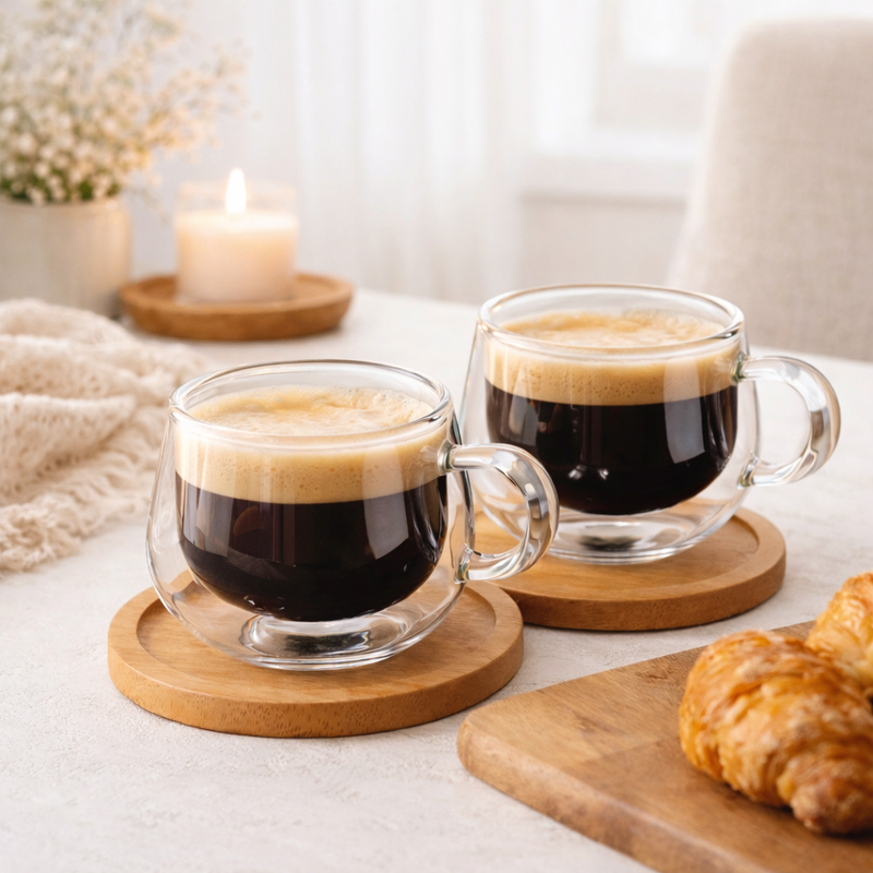 Kit 2 Xícaras Vidro Duplo com Bambu